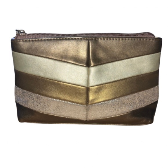Frankie & Johnnie Brown and Gold Metallic Chevron Zip Bag, Purple Interior - Picture 1 of 9